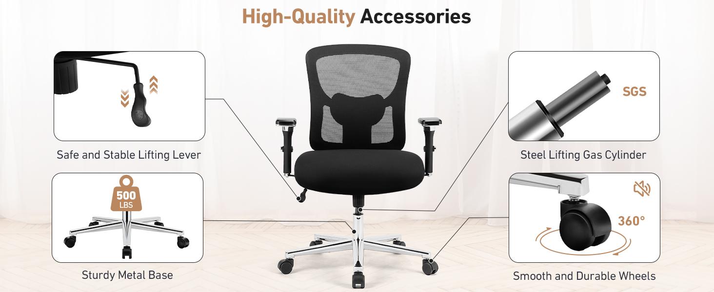 Big and Tall Office Desk Chair, 500lbs Heavy Duty Mesh Ergonomic Computer Chair with Arm and Wide Comfy Seat, Wheels for Adult