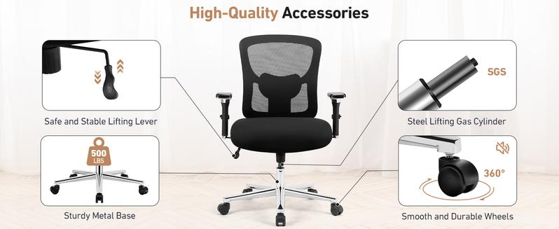 Big and Tall Office Desk Chair, 500lbs Heavy Duty Mesh Ergonomic Computer Chair with Arm and Wide Comfy Seat, Wheels for Adult