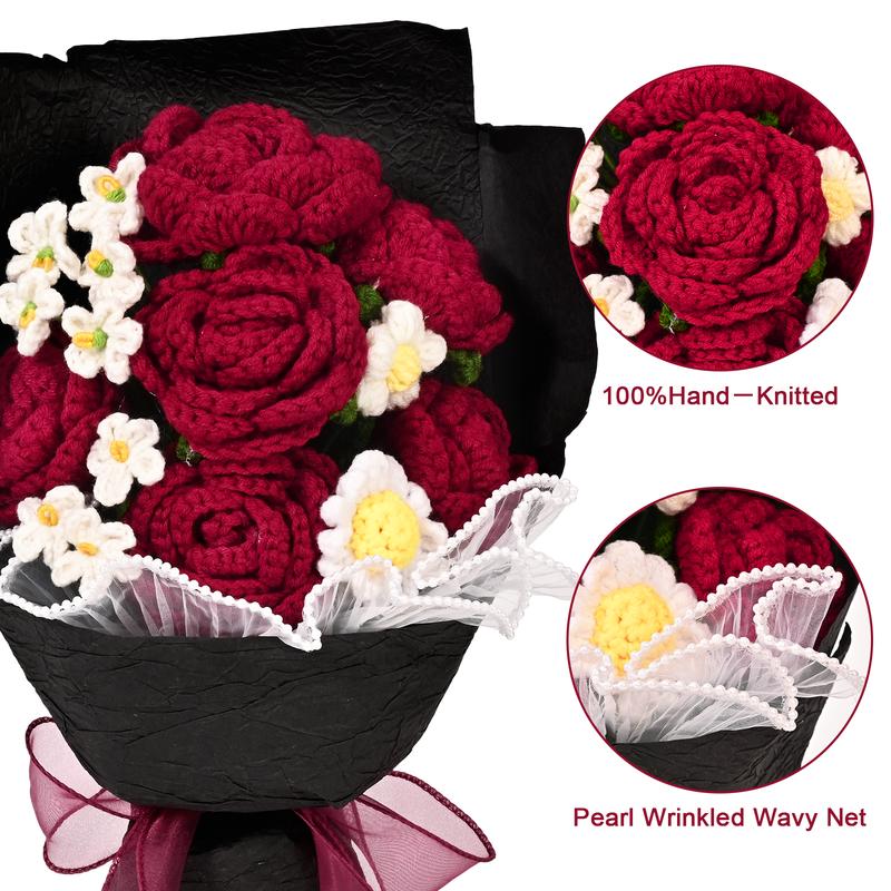 Valentine's Day Crochet Flower Bouquet Red Rose, Handmade Knitted Flowers for Valentine Home Decor, Birthday, Wedding, Anniversary, Graduation Gift for Her, Girlfriend, Wife, Women