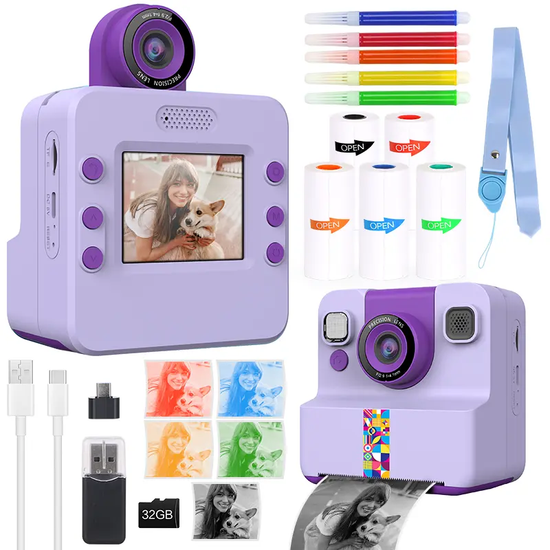 Kids Color Instant Print Camera,Kids Camera with 5 Color Photo Paper.Christmas Birthday Gifts for Girls Age 3-12(Purple BLue  White) Instant Cameras Camara Instantanea Instant Digital Camera Lens Memory Portable