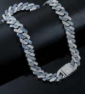 Hip Hop Miami Vice Blue Iced Bling CZ Silver Plated Cuban Link Baseball Chain Necklace 20"