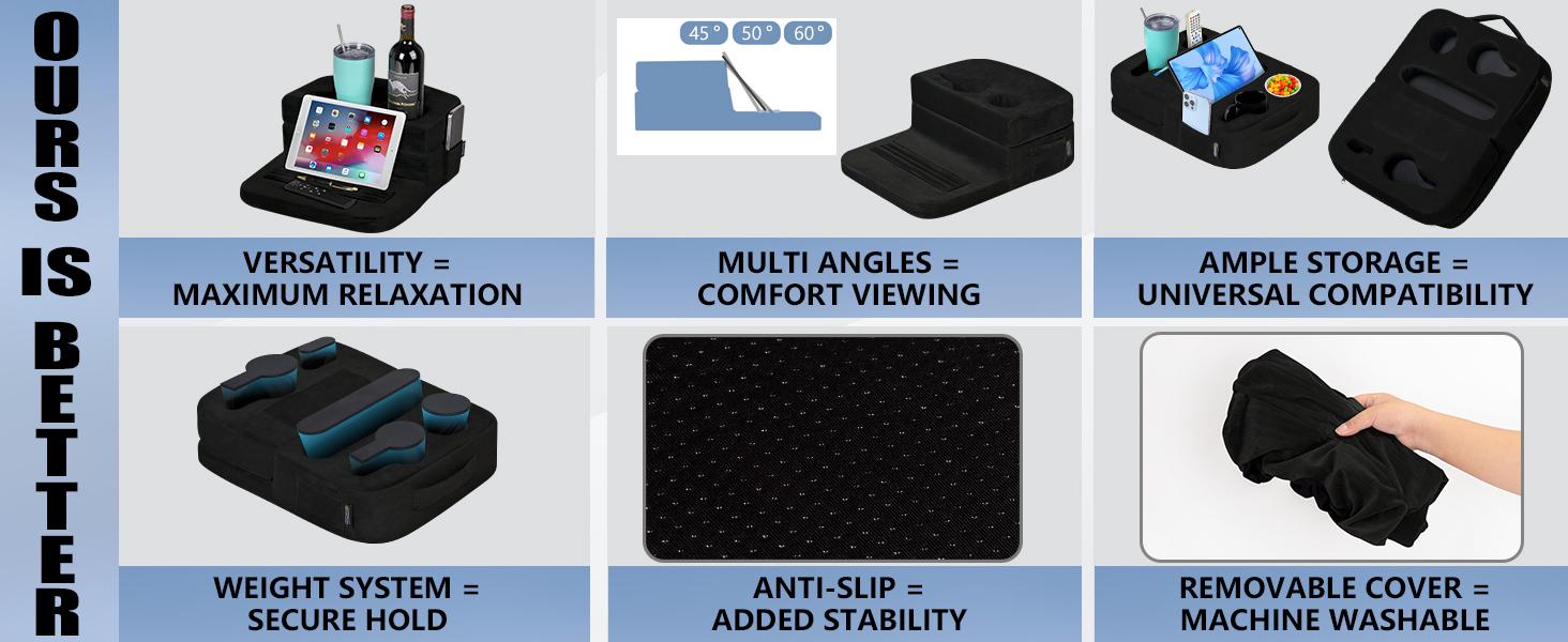 TabCouchCaddy - Couch Cup Holder Tray & Tablet Pillow Stand - Bed, Couch Caddy, Sofa, RV & Car - Holds Drinks, Snacks, Remotes, Phones, Tablet - iPad, Galaxy Tab Compatible | Bed Cup Holder (Black)