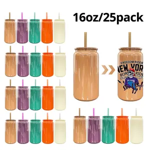 25 Pack 16oz Glass / Stainless Steel Colored Sublimation Can Tumblers , Stainless Steel DIY Cups with Lid & Straw