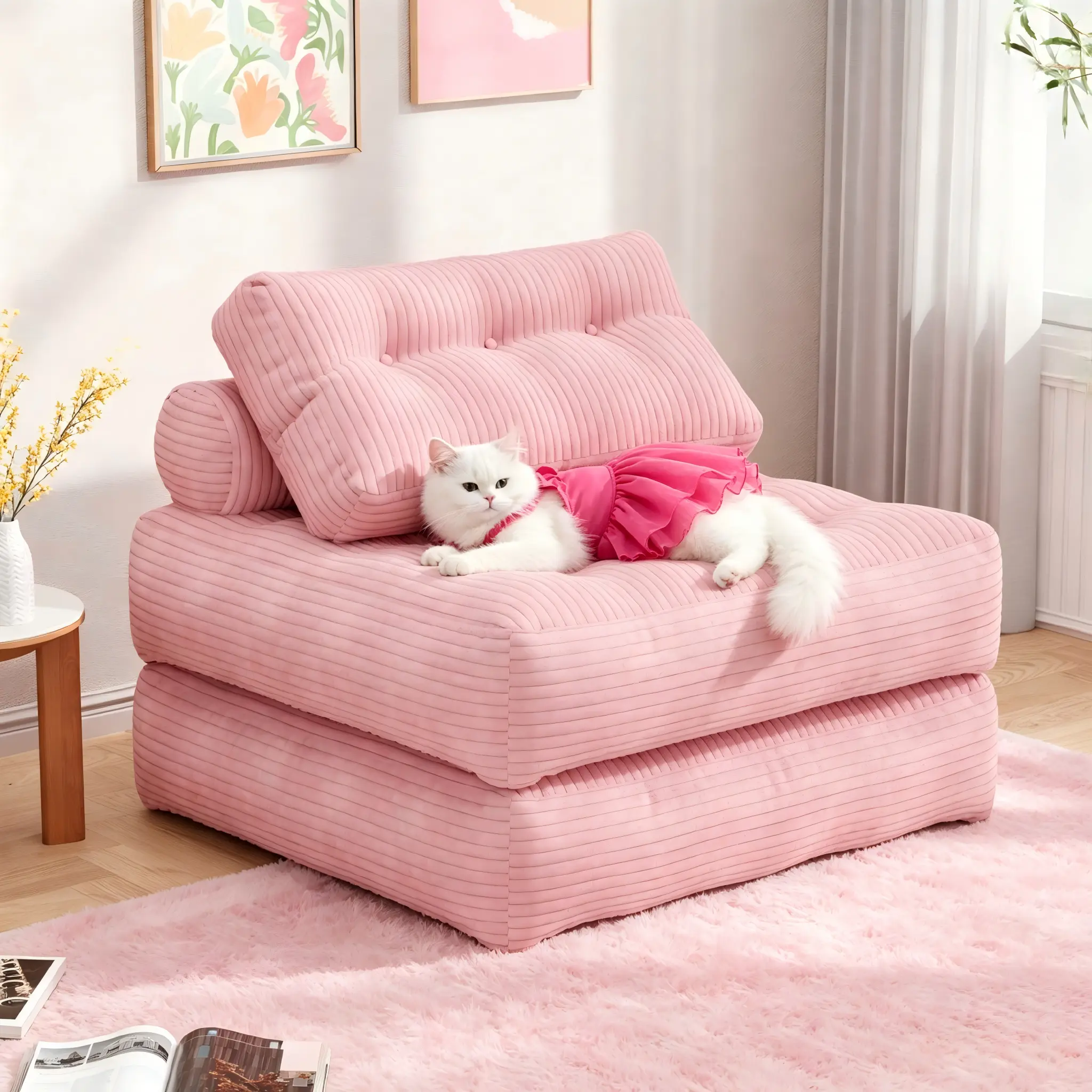 【Sweet Sofa Bed!!! 】Mr IRONSTONE Folding Sofa with Headrest, Convertible Sleeper Chair with Pillow Foldable Mattress with Back Support, Pink Gray Beige for Small Living Spaces