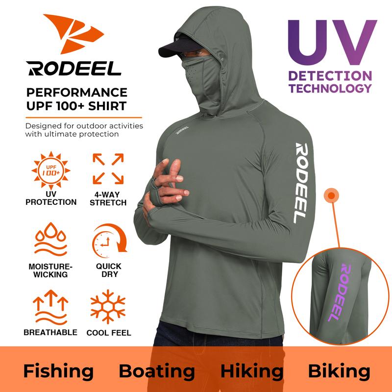【RODEEL】936 RIIIPO Sun Hoodie Shirts w/ UV Detection Logo Mask Neck Gaiter Thumbhole Men UPF 100+ Sun Protection Long Sleeve Lightweight Quick Dry Moisture Wicking Breathable Cooling Athletic Activewear for Outdoor Sports Fishing, Holiday Gift