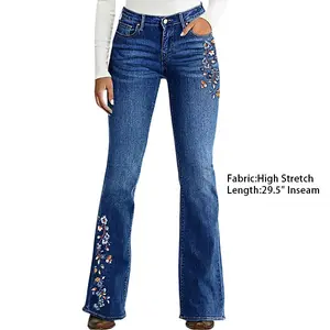 Flamingals Wash Floral Embroidery Mid Rise Bootcut Jeans Womenswear