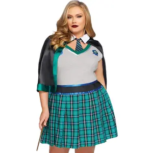 Women's Plus-Size Sinister Spellcaster Costume, Halloween School Clothes Set with Dress and Top