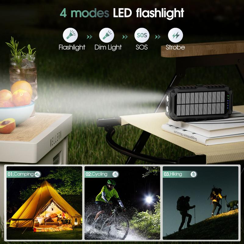 Bodo-Tech 40000mAh Solar Charger Hand Crank Power Bank with 4 Cables Fast PD20W Charging LED Flashlight for iPhone Android Samsung Orange Black