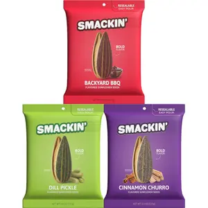SMACKIN’ Sunflower Seeds 3-Flavor Variety Pack – 4oz Bags Cinnamon Churro, Backyard BBQ & Dill Pickle Snack