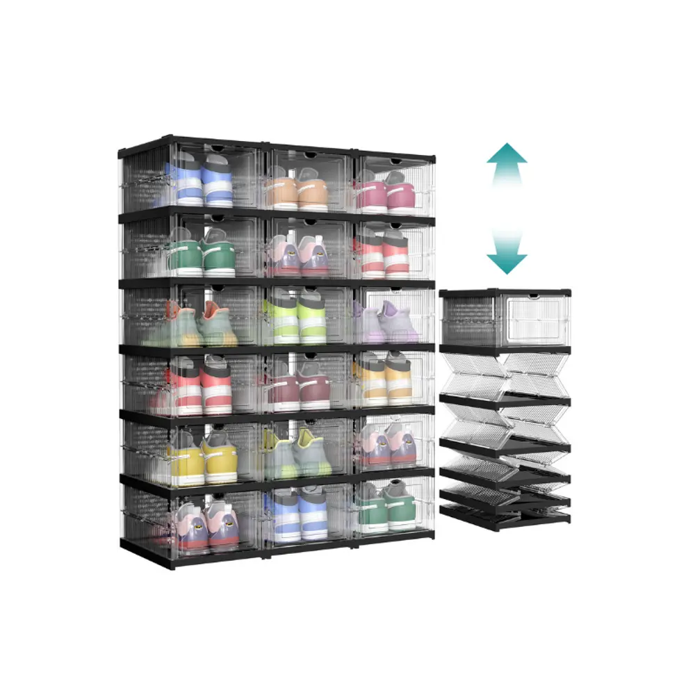 SONGMICS HOME Collapsible Transparent PP+PS Plastic Boxes - 6-Cube Shoe Rack Organizer, Foldable Stackable Portable, Stacks to Save Space, PP Body Resists Daily Wear, Closet Cleanout Storage for US Size 13