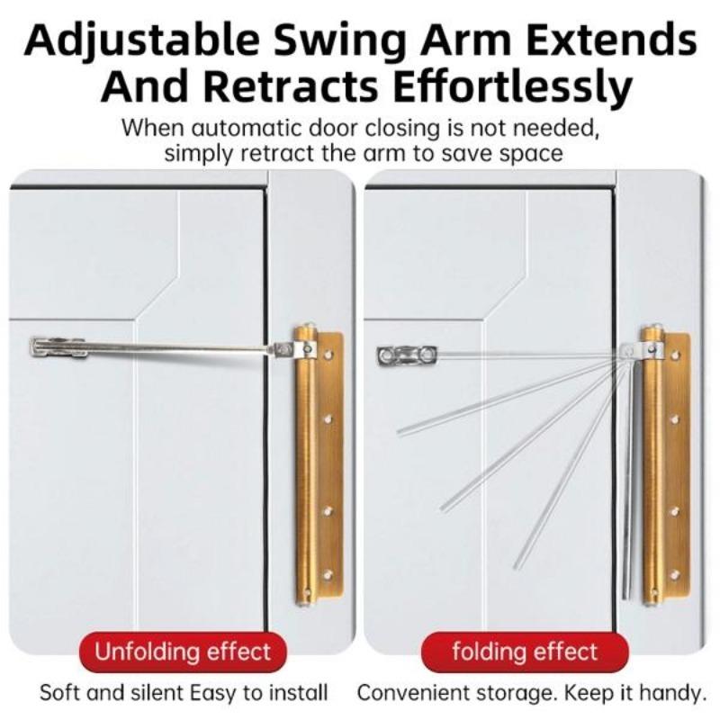 Automatic door closing tool, suitable for doors weighing up to 50 kg, 150° opening angle, spring-loaded self-closing hinges, adjustable locking speed, stainless steel soft-closing top catch, arm screw and wrench lock, easy to install door closer detail 6