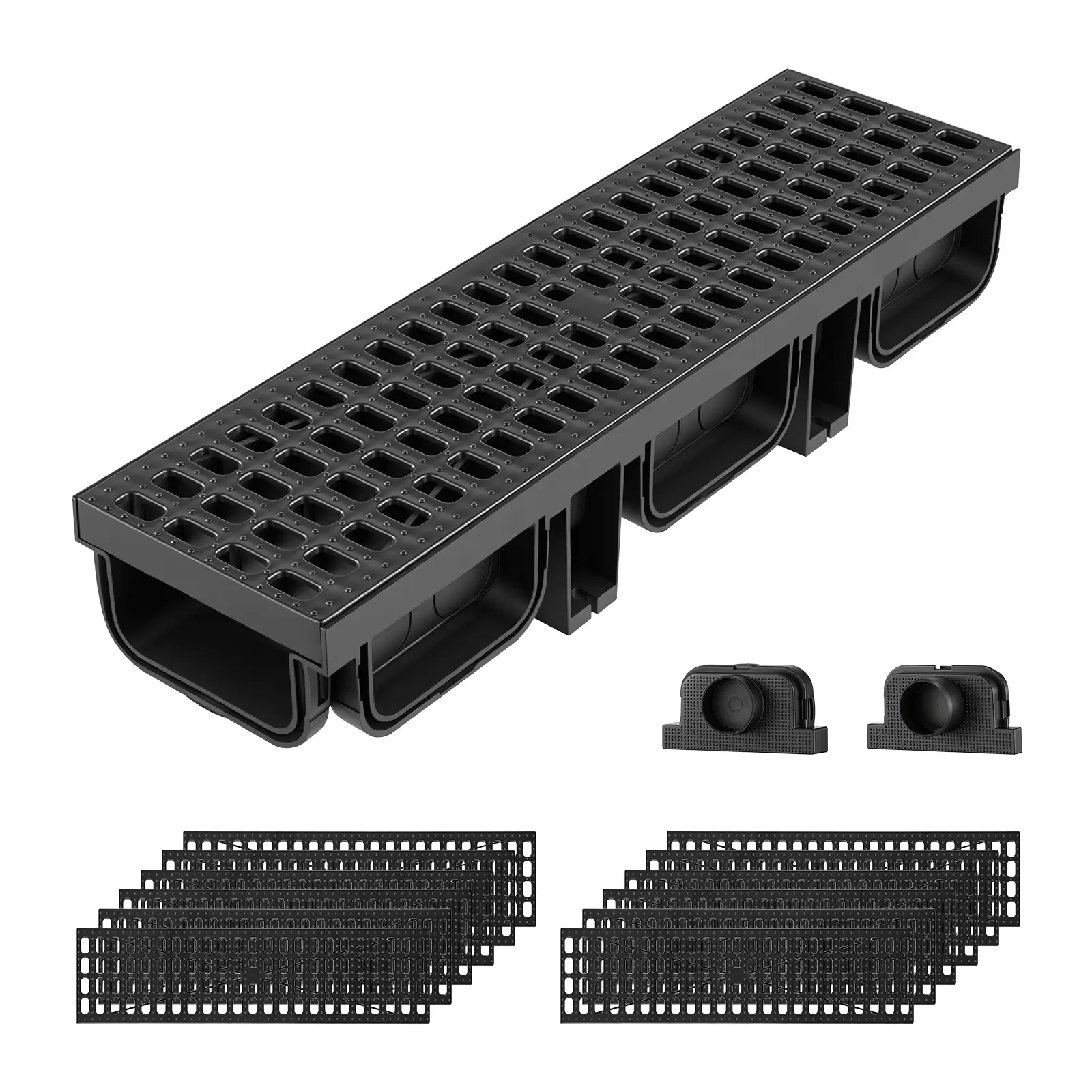 VEVOR 12-Pack Boxed Clog-Resistant Linear Trench Drain, 20.1 x 5.5 x 3.5 in HDPE Deep Channel Drain with Grates & End Caps, Black Outdoor System for Garage Exit, Pool, Yard (Concrete/Brick) for DIY Users