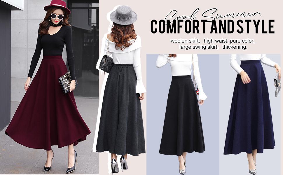 Ebossy Women's Vintage High Waist Wool Blend Plaid A-Line Long Maxi Skirt with Pocket Bottoms Womenswear