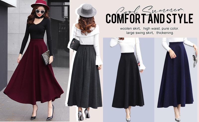 【New Arrival】Ebossy Women's Vintage High Waist Wool Blend Plaid A-Line Long Maxi Skirt with Pocket Bottoms Womenswear