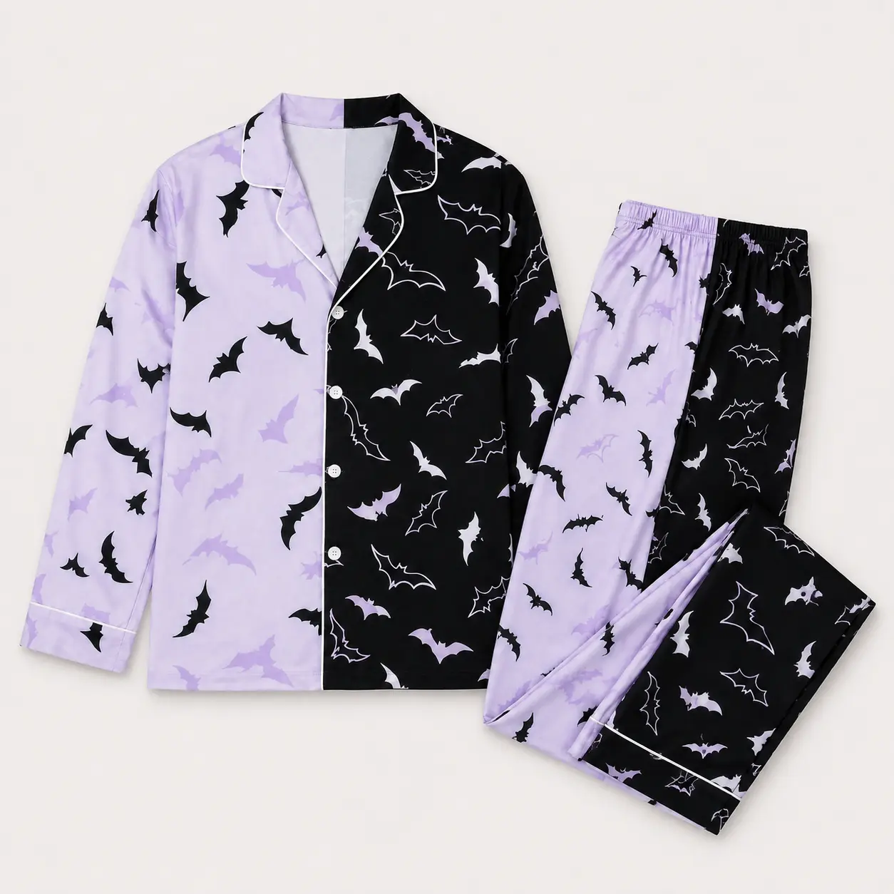 Menswear 2-Tone Black & Lavender Halloween Bat Pajama Set - Long-Sleeve Button-Down Top, Matching Pants, Stretchy Silk Satin Fabric, Cozy Fall Loungewear