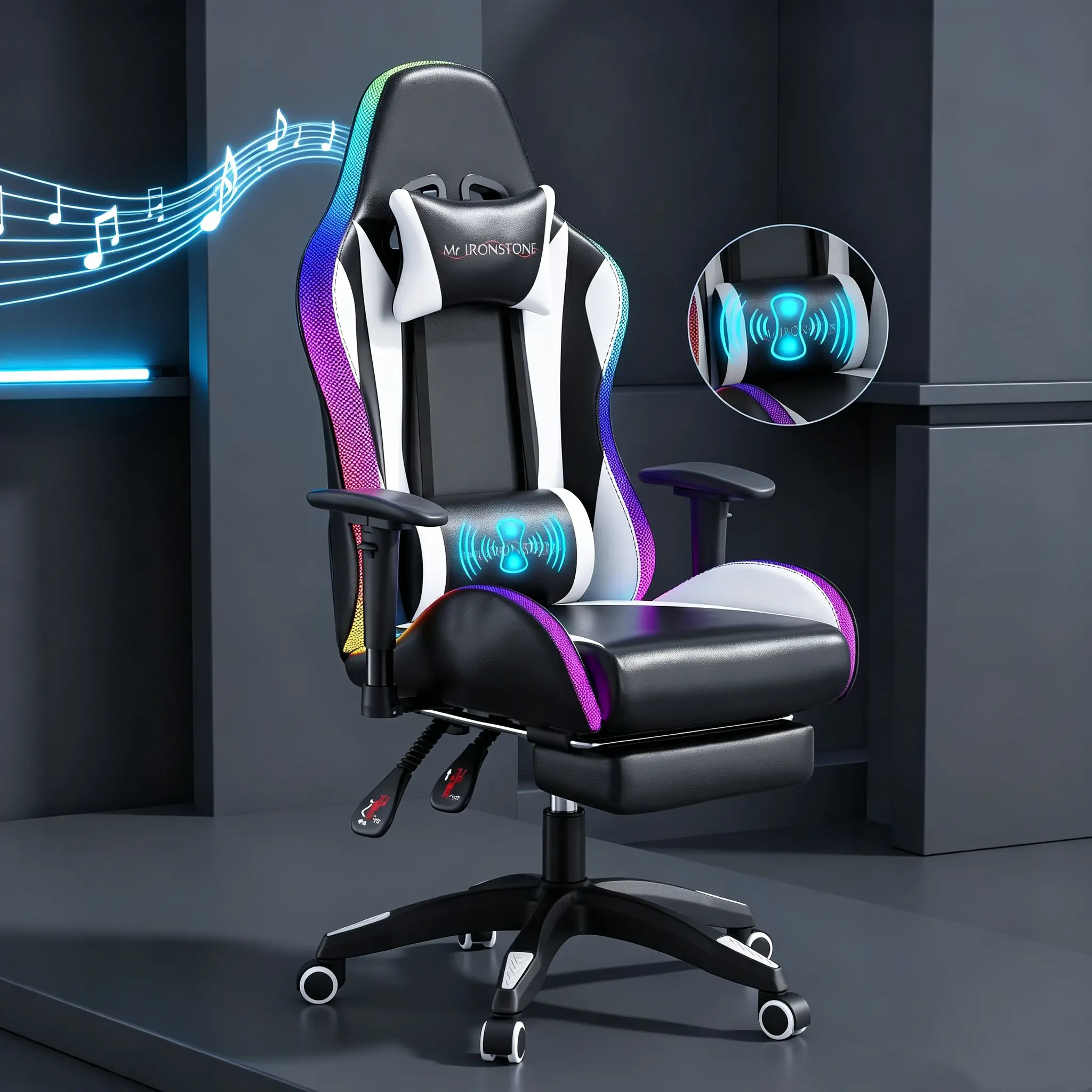 【LED+Speakers】Mr IRONSTONE Gaming Chair with Speakers and Rgb Lighting Ergonomic Massage Computer Gaming Chair with Broaden Cusion and Footrest High Back Video Game Chair for Adults Kids Boyfriend Father's Gift