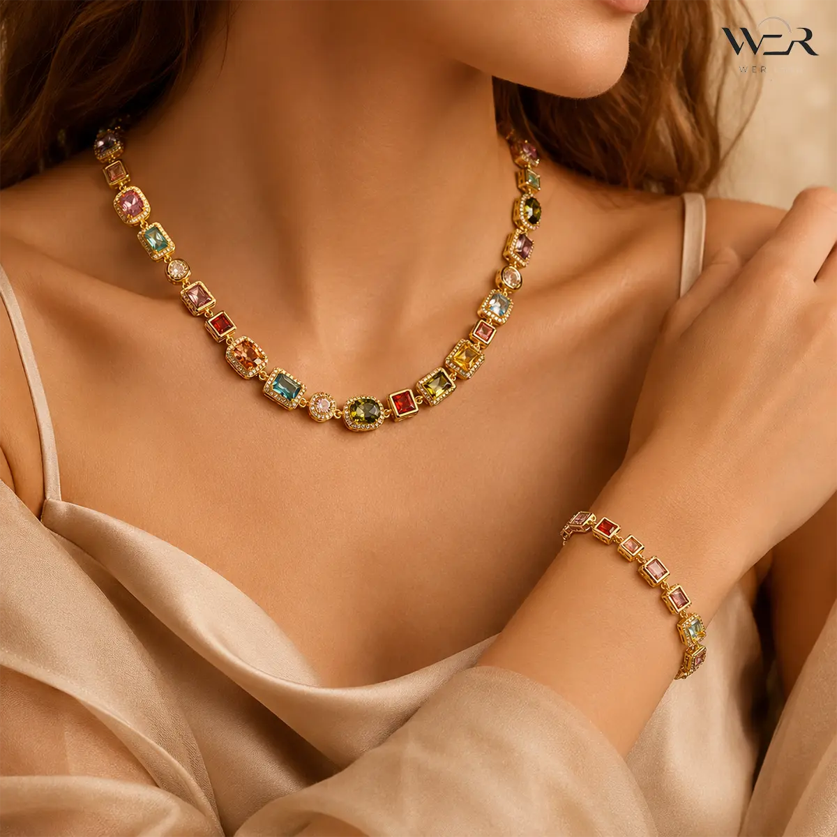 Multi Color Gemstone Necklace Set Colorful Stone Jewelry Square Cut Necklace Bracelet Gold Tone Rhinestone Necklace for Women Gift