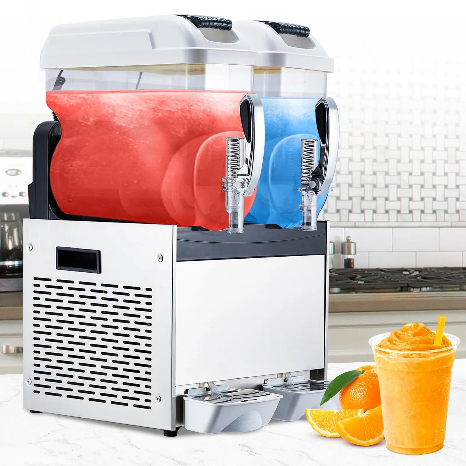 High-Quality Commercial Frozen Drink Maker - 2x12L (24L) Tanks, 700W Stainless Steel Automatic Machine with All-Copper Coil Compressors, Digital Screen, Leak-Proof Easy-Clean Spiral Design, Easy Install, 22.83*20.28*35.83 inches, for Bar,Winery