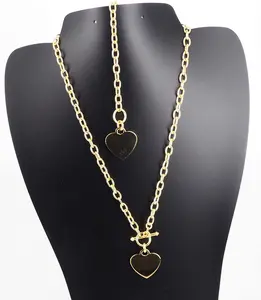 925 Solid Sterling Silver Dangle Engravable Heart Toggle Necklace & Bracelet Set – 14k Gold Plated – 3.5mm Rolo Chain