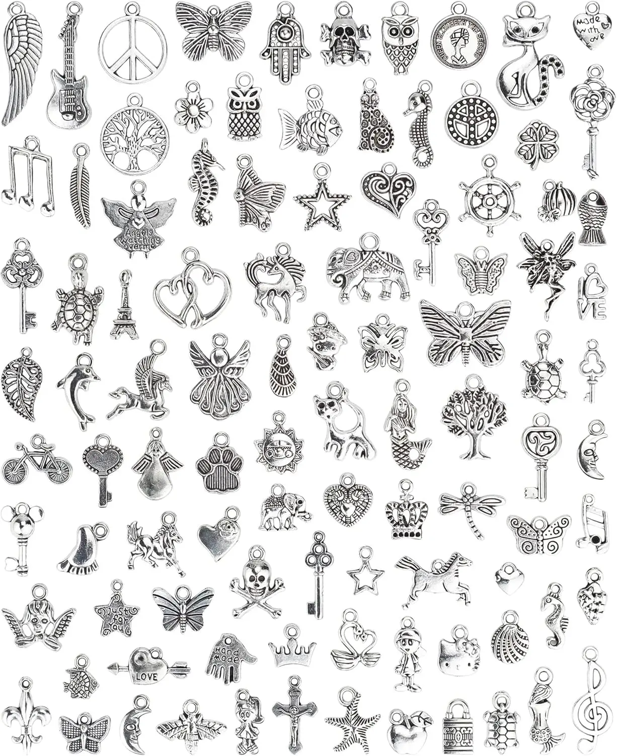 Wholesale Bulk Lots Jewelry Making Silver Charms Mixed Smooth Tibetan Silver Metal Charms Pendants DIY for Necklace Bracelet Jewelry Making and Crafting, 100 PCS