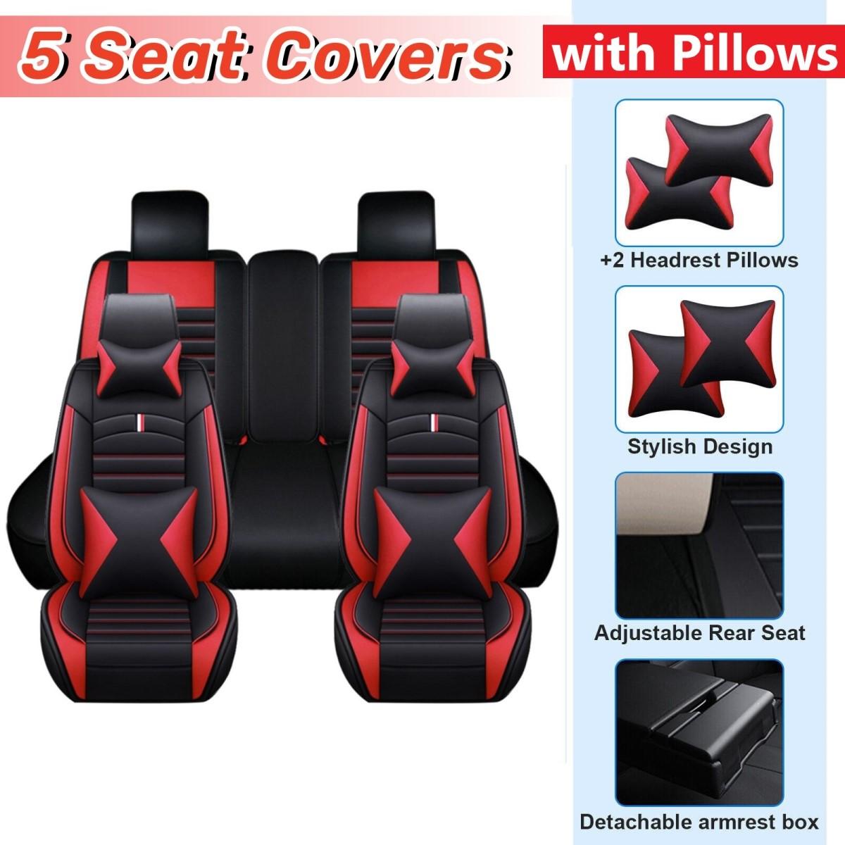 Premium Napa PU Leather Car Front Rear Seat Cover Full Set 5 Seat Protector Mat Breathable Cushion Pad Set Universal ,Full Surround Design with Storage Bag, with 2pcs Head Pillow and 2pcs Waist Pillow - Valentine's Day Gift For Lover