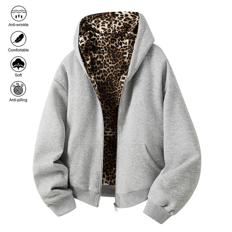 Men's loose casual trendy leopard print hoodie - comfortable breathable street style jacket; features ribbed cuffs and a zippered front closure, making it perfect for everyday commutes, weekend outings, and various other occasions. One of the essential ve Men's loose casual trendy leopard print hoodie - comfortable breathable street style jacket; features ribbed cuffs and a zippered front closure, making it perfect for everyday commutes, weekend outings, and various other occasions. One of the essential ve