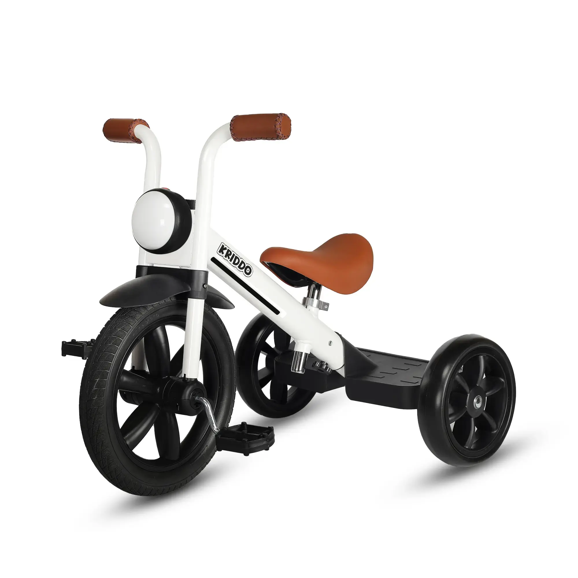KRIDDO Buzz Rider Tricycle | Motorbike Style Toddler Tricycle with Headlight | 3-Wheel Pedal Trike w/ Removable Pedals, Faux Leather Seat & BPA-Free Frame | Ride-On Toy for Boys & Girls Ages 2–5 | Indoor & Outdoor Birthday Gift for Toddlers