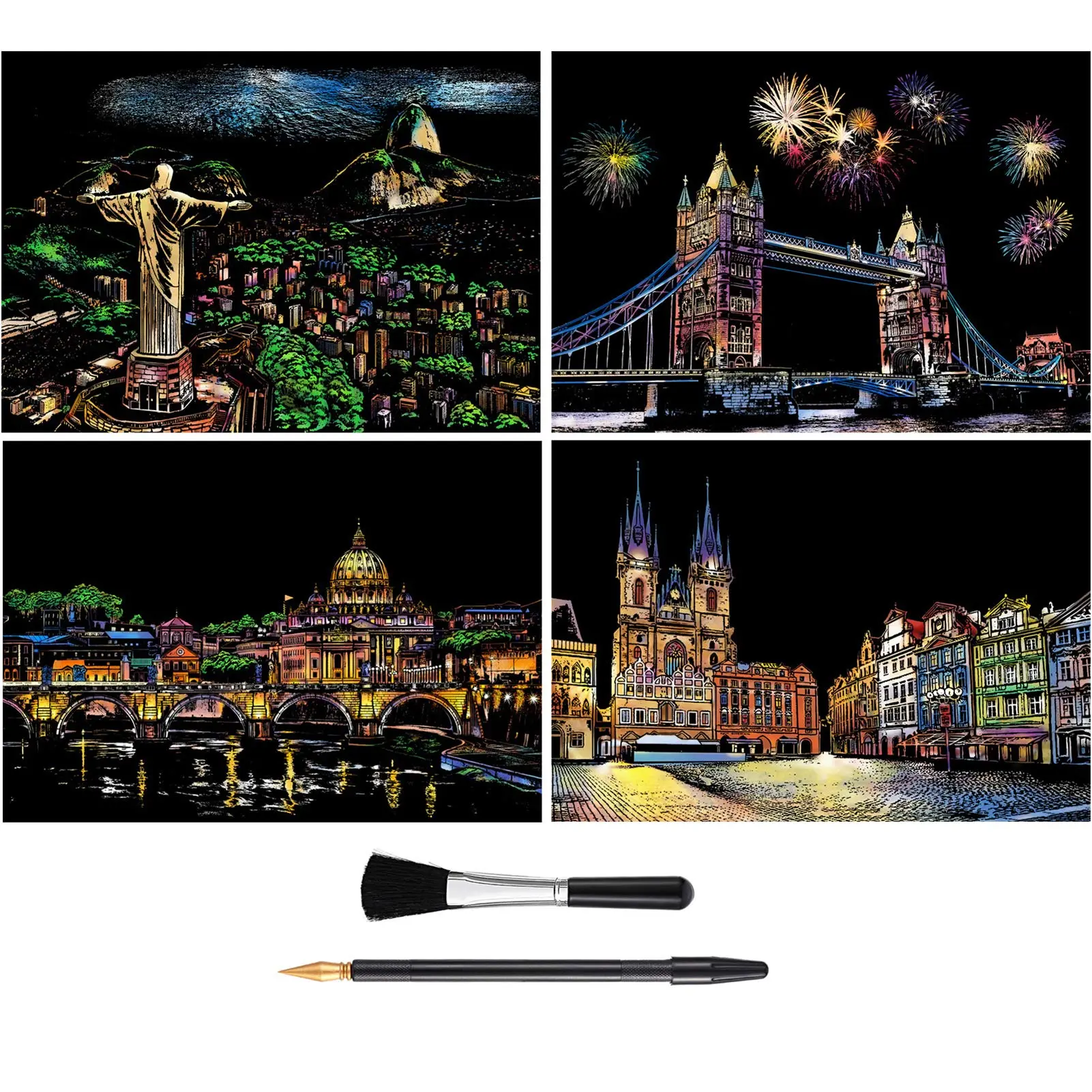 A4 Rainbow Night View Scratchboard Art Kit for Kids & Adults - DIY Painting Supplies with 4 Sheets Scratch Paper, Drawing Pen, Clean Brush, Foil Layer Sketches That Reveals Bright Colors for Creative Crafts