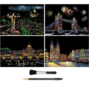 Scratch & Sketch Art for Kids & Adults | Rainbow Night View Scratchboard(A4), Art & Craft Kit - Includes 4 Sheets Scratch Cards, Drawing Pen & Clean Brush
