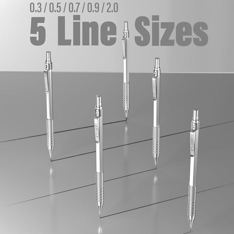 STAGEEK 21PCS Metal Mechanical Pencil Set, Art Lead Pencil 0.3, 0.5, 0.7, 0.9, 2mm Holder(HB 2H 2B 4B Color) with 10 Tubes Graphite Lead Refills Eraser with Case for Drafting Drawing Sketching