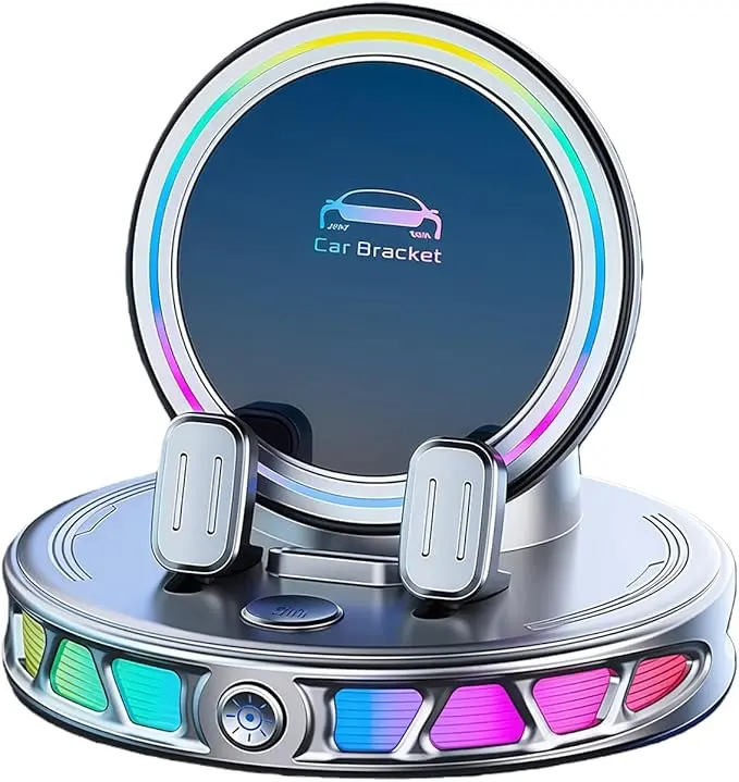 Rotatable Dashboard Wireless Charger, 15W Fast Charging Phone Holder with Colorful RGB Light, Stable Suction Cup & Anti-Slip Design, One-Hand Operated Mount for Smartphones