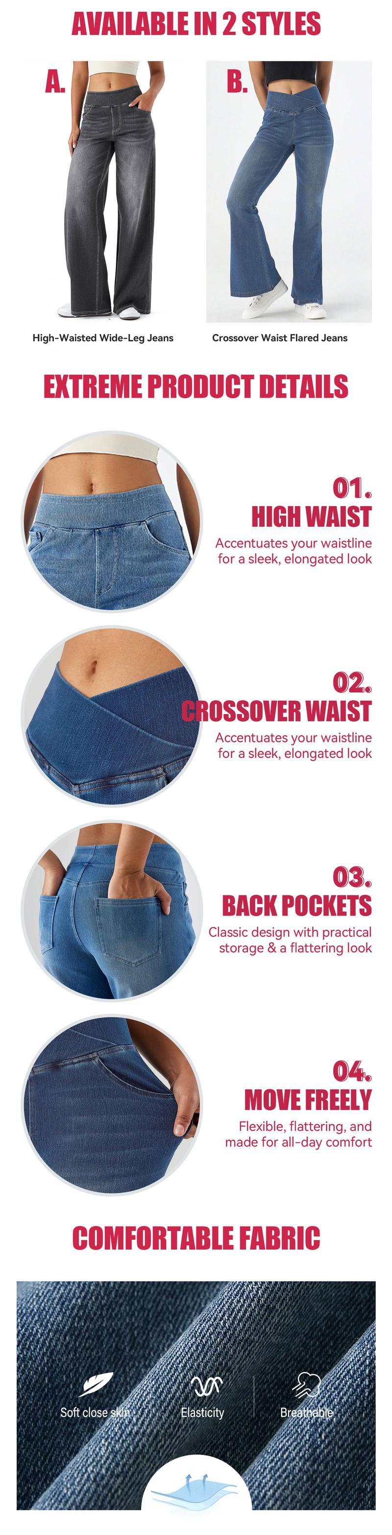 [Size Up] SHOWITTY Women's Wide-Leg High Waisted Straight Leg Jeans/ Crossover Flared Jeans with Pockets – Soft Cotton Pants