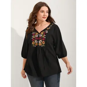 【Summer Turn-Up】【V-neck】BlOOMCHIC Plus Size Floral Embroidered Tie Knot Lantern Sleeve Blouse [M-6X] 2026 Summer Pick for Mother's Day Fit Flowers Swimweek
