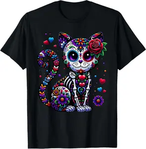 1pc Dia De Los Muertos Cat Sugar Skull T-shirt | Cute Mysterious Print, Loose Fit | Unisex | Dia De Los Muertos/Cinco De Mayo | Cat & sugar skull combo solves cross-holiday needs