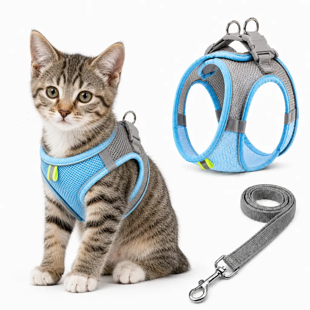 Breathable Mesh Dog Cat Harness and Leash Set - No Pull Escape Proof Pet Vest with Reflective Strip for Small Medium Dogs Cats - Adjustable Soft Padded Harness for Walking Training