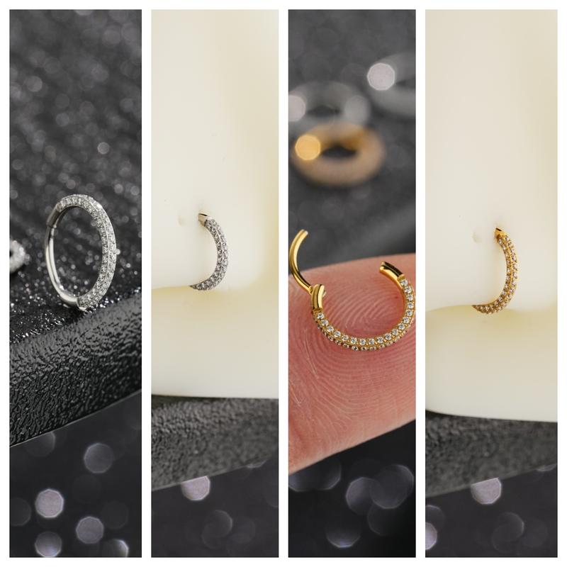 Oufer 20G Triple Sided AAAAA+ Grade CZ Gems Hinged Segment Nose Hoop Ring 316L Stainless Steel 6mm-9mm Inner Diameter No Tarnish High-End Piercing Jewelry
