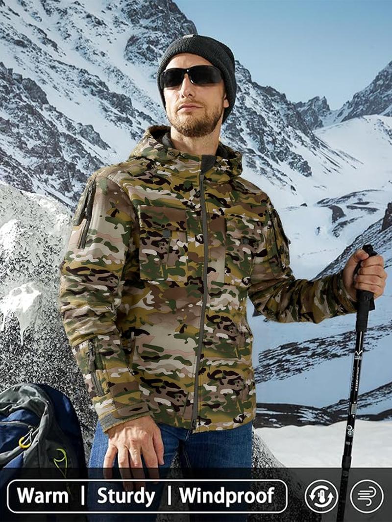 Men's Multi-Pocket Workwear Hooded Jacket, Fleece Waterproof Jacket, 9 Cl Menswear ose-Fitting Pockets Fleece Design. Menswear Coats Coats Tops Long Sleeve Operator Motocross Camo Camouflage Casual Navy Outdoorfun