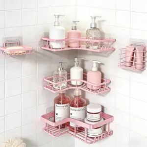 Multifictional 5-Pack Pink Adhesive Corner Shower Caddy Rustproof Heavy Duty Stainless Steel No-Drill Organizer 30LBS Load-Bearing Drainage Shelves with Hooks Sleek Space-Saving Wall Mount for Kitchen Bathroom Housewarming Gift for Family, Household, Adju
