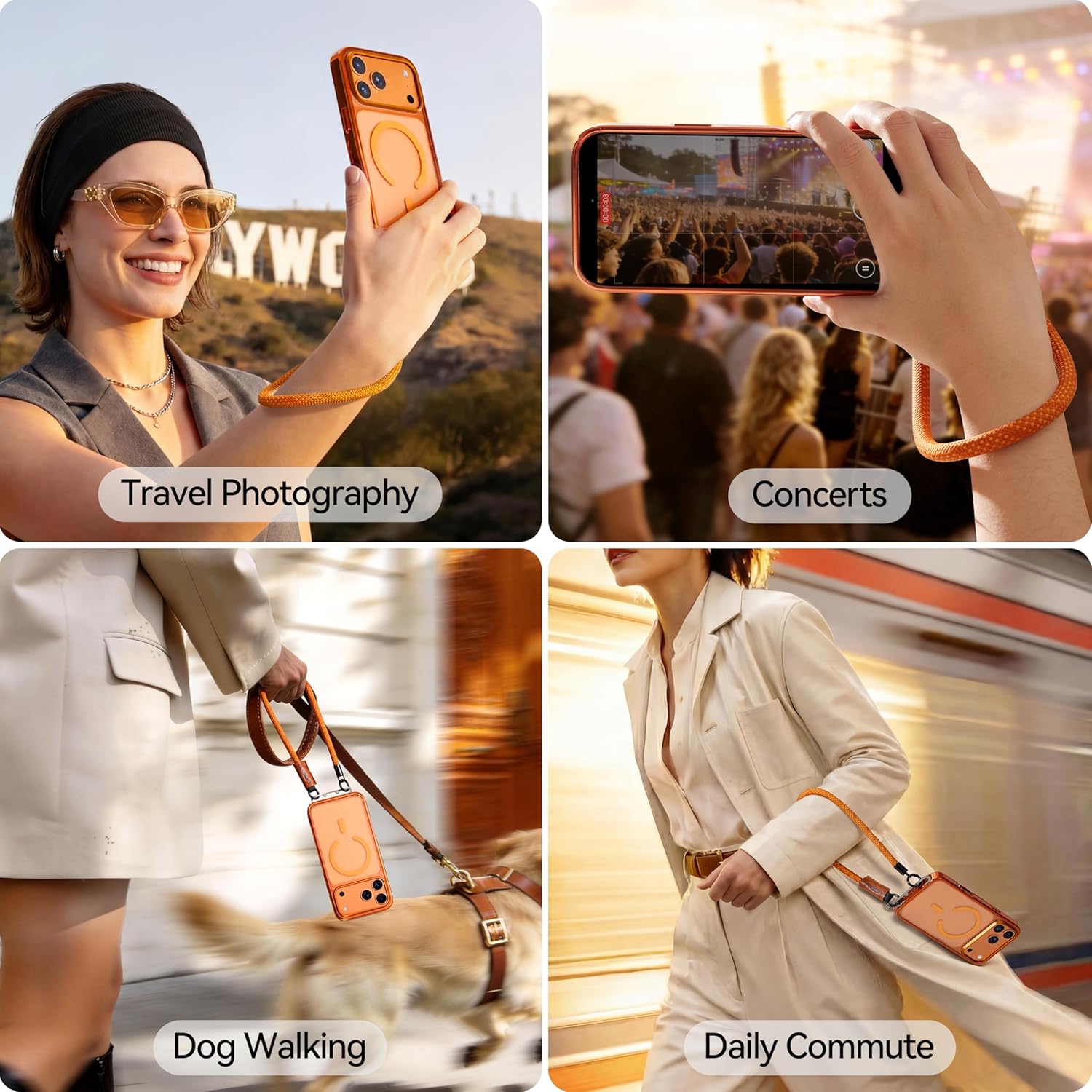 CASEKOO Linkoo 1st Magnetic iPhone 17 Pro Max Case with Foldable Invisible Lanyard Buckle Wrist Strap, Anti-Fall, Aluminum Alloy Lens Protection, Tether Phone Case, Hiking Daily Commute, Glossy Orange