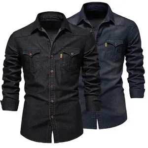 [Best selling] Fashion Autumn Cotton Denim Shirts Men Casual Long Sleeve Quality Cowboy Shirt Solid Color Slim Fit Elastic Jean Shirts for Men