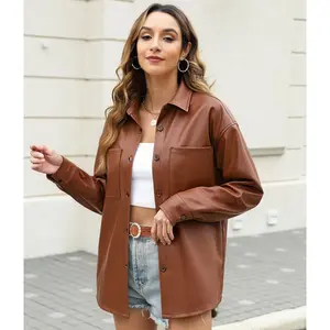 Women’s Faux Leather Shacket PU Button-Up Shirt  | Lightweight Long Sleeve Vegan Leather Top,  Oversized Fall Outfit autumn winter jacket comfort coat sleeve pocket jacket woman casual zip