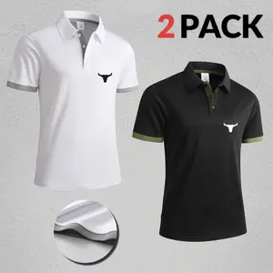 2-Pack Classic Placket Polo Shirts with Contrasting Cuffs & Animal Logo - Versatile Office to Weekend Style