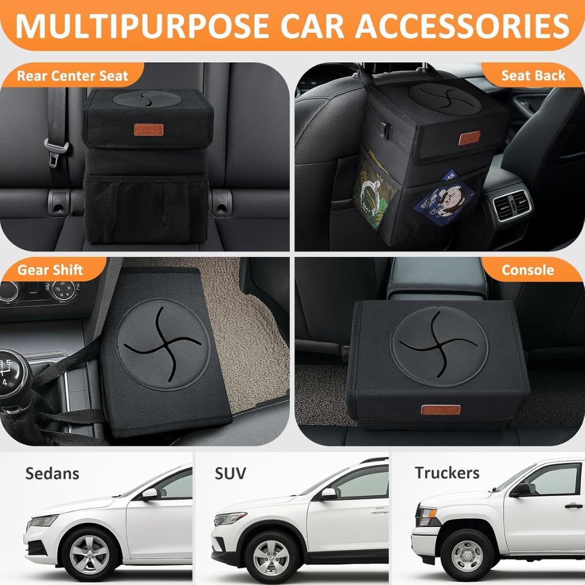 Car Trash Can Bin with Lid Hanging for Back Seat, Car Accessories for Women Men Leak Proof Automotive Garbage Cans Leakproof Vehicle Trash Can for Truck SUV Black