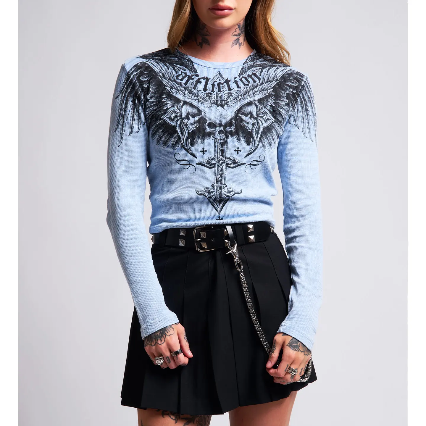 Affliction Women's Thermal Crop Shirt Death Eyes