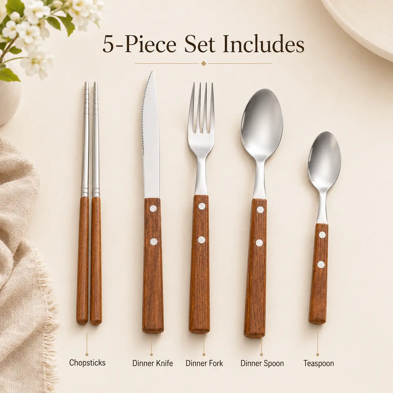 5-Piece Wood Handle Flatware Set, 304 Stainless Steel Cutlery Set with Chopsticks, Dinner Knife, Fork, Spoon and Teaspoon for Home Dining utensil everyday gold silver ware milk tea kitchen dishware dishwasher safe porcelain dinnerware dessert Metal Tablew