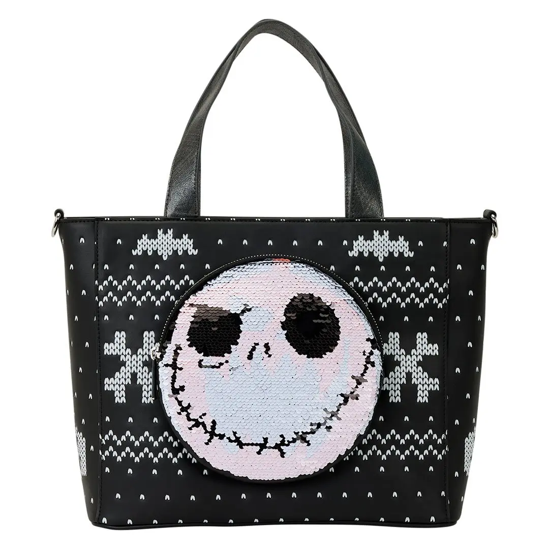 Loungefly Disney The Nightmare Before Christmas Jack Skellington Reversible Sequins Tote Crossbody Bag with Coin Bag, Casual Lightweight Bag