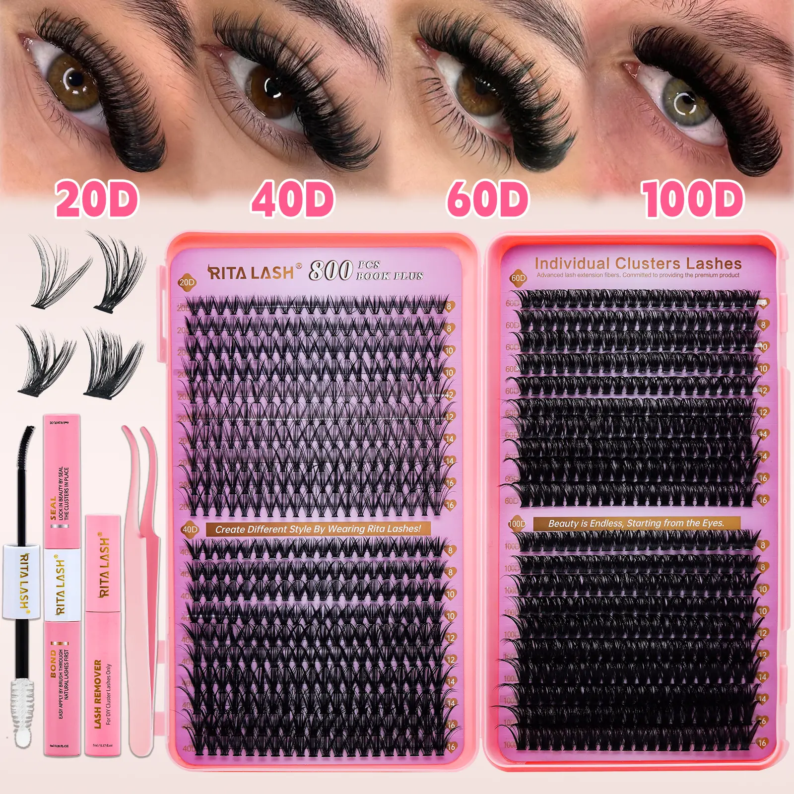 RITALASH 800PCS Cluster Lash book Kit DIY Eyelash Extensions with Bond and Seal Cluster Lash Remover Lash Tweezer DIY Cluster Lash at Home