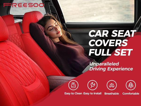 【FREESOO】Luxury Car Seat Covers Nappa Leatherette Waterproof Breathable Porous Foam Ergonomic Lumbar Support for Trucks SUVs Sedans | F35