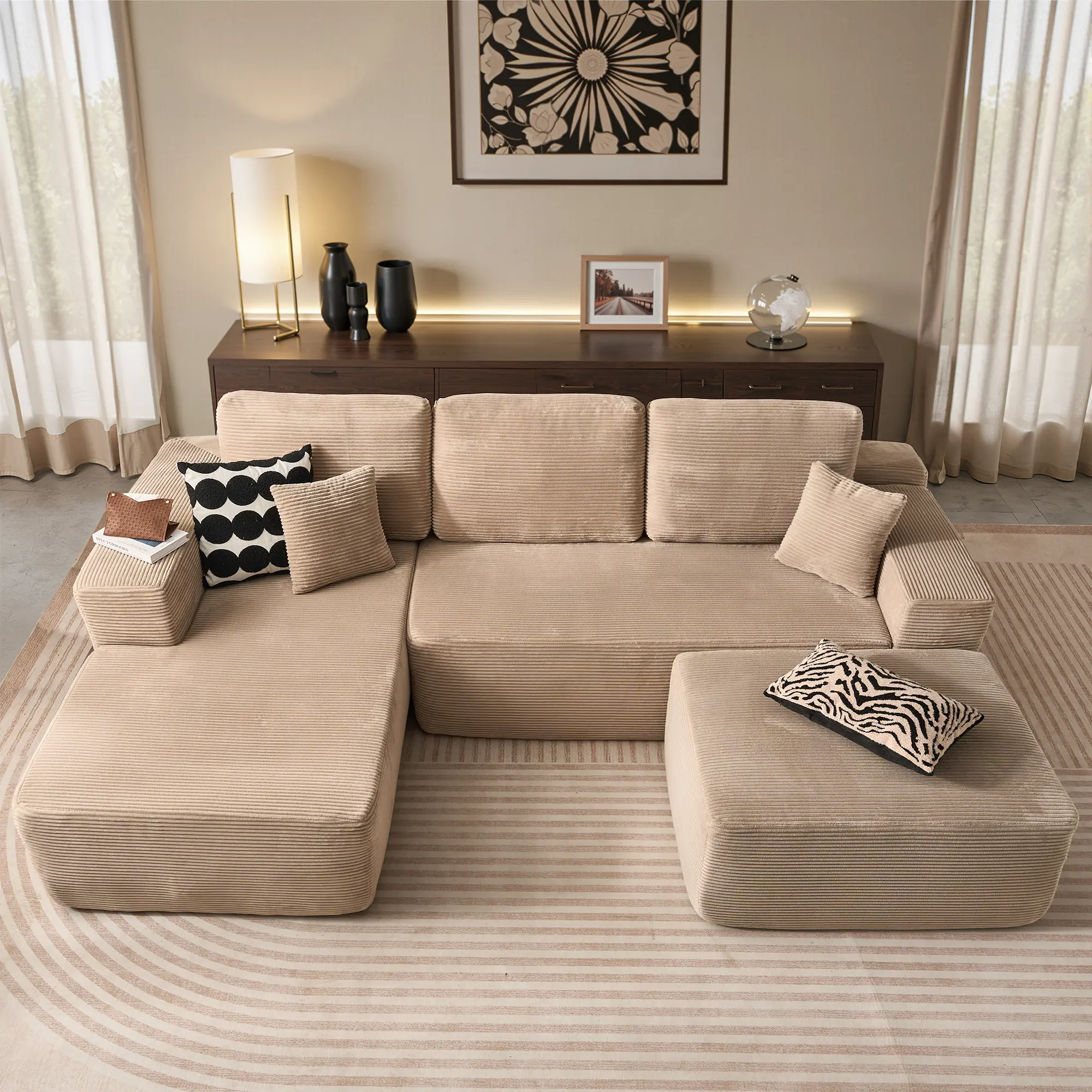 108" Boneless Couch Cloud Modular Sectional Sofa, Morden Couch With Removable Ottomans & Chaise, Plush Corduroy&Deep Seat Premium High-Density Foam Couches, No Assembly Needed for Living Room Camel