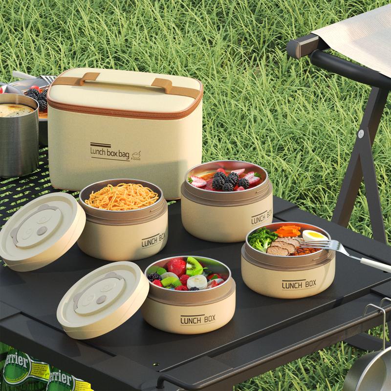 Nifogo Insulated Bento Box Portable Stainless Steel FoodContainer Round Microwave Safe Stackable Leakproof Thermal Food Container for Adult Men Women with Insulated Bag (Beige) lunch box mom running lunchbox bento box